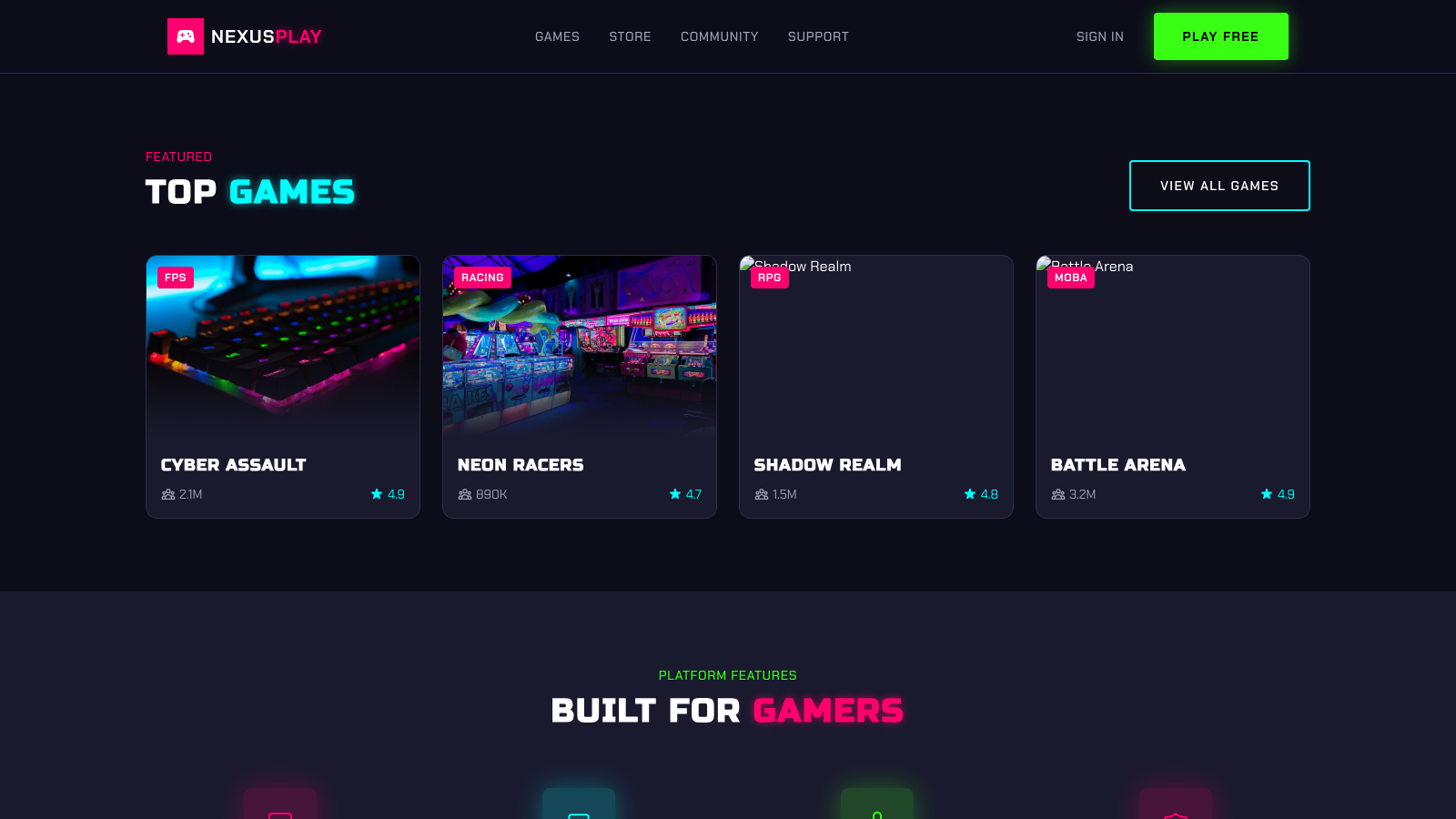 Gaming Platform 设计模板生成的网站内容区截图
